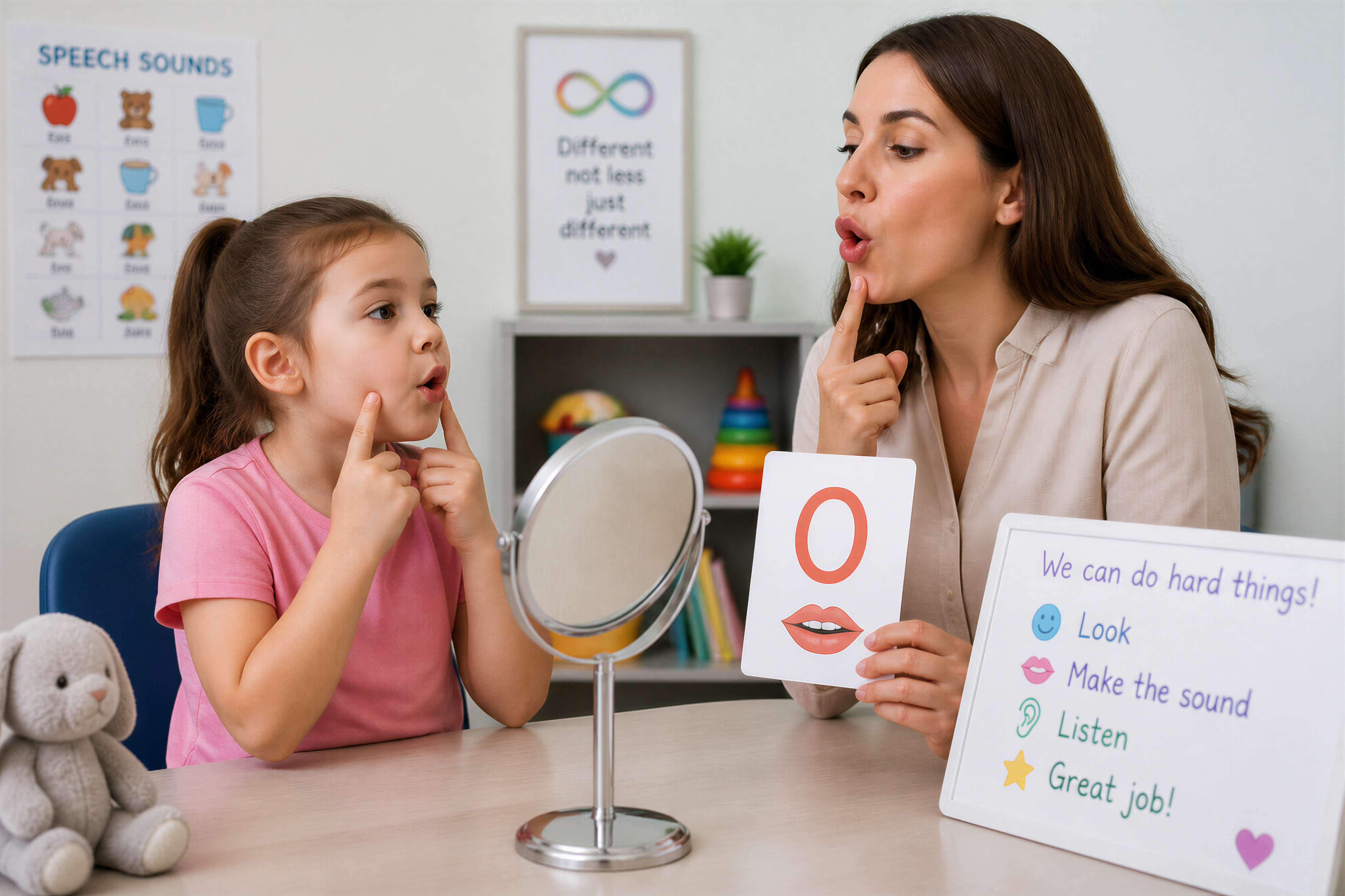 Tutor and child practicing how to make a speech sound with a mirror
